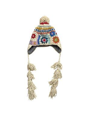 French Knot Women's Beanie Hat Beige Floral Woodstock Crochet Earflap Patchwork